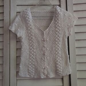 White Crochet Loose Knit Shell Pom Pom Cardigan